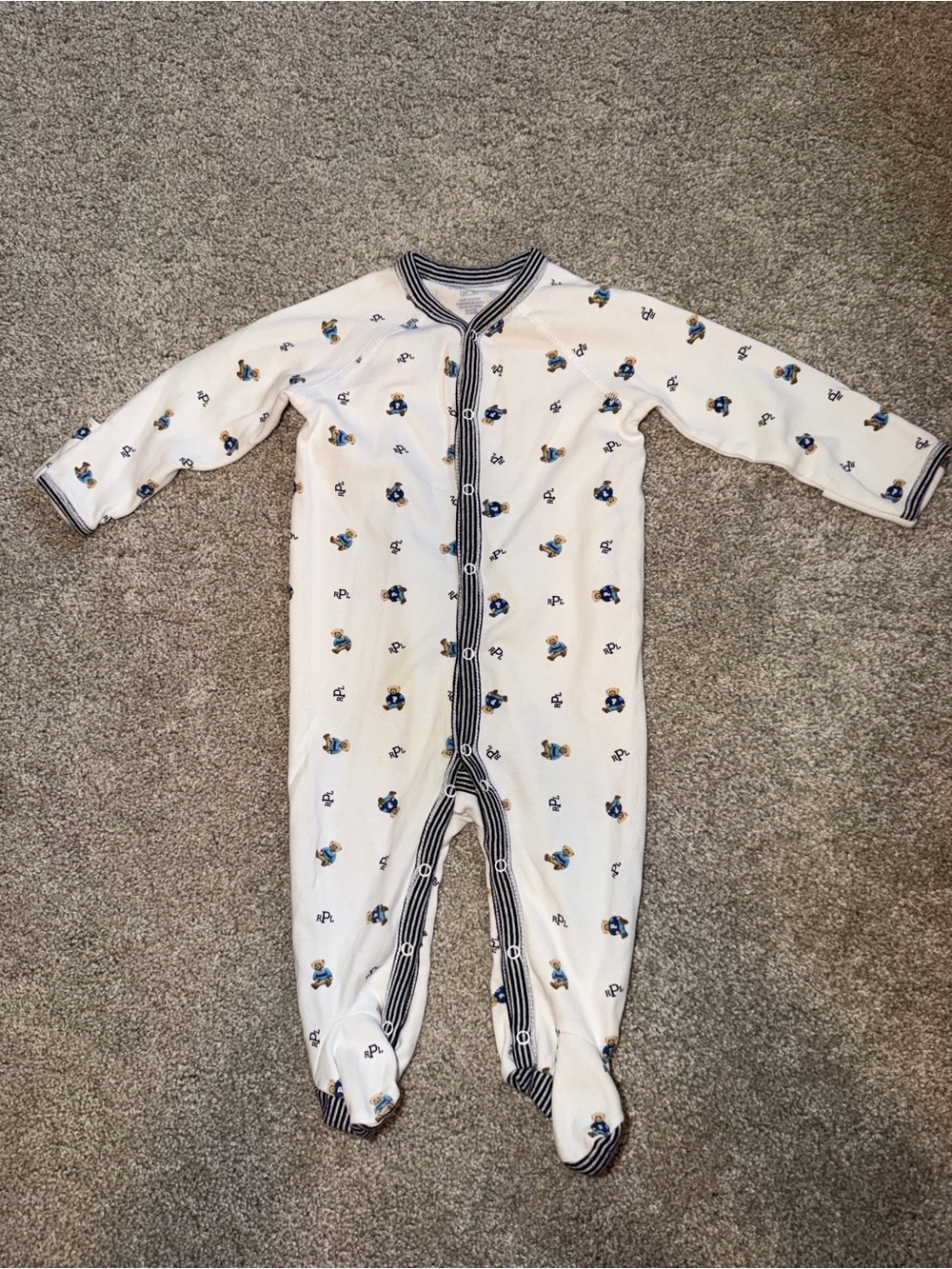 Polo Ralph Lauren One-Piece Footed Pajama with Navy Trim - 6M